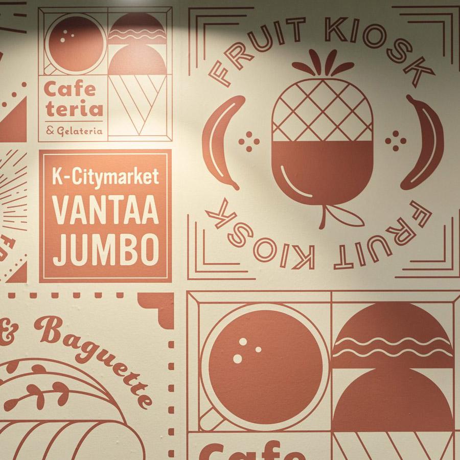 Rune & Berg Designin suunnittelema graafinen ilme Jumbon K-Citymarketin Food Courtiin
