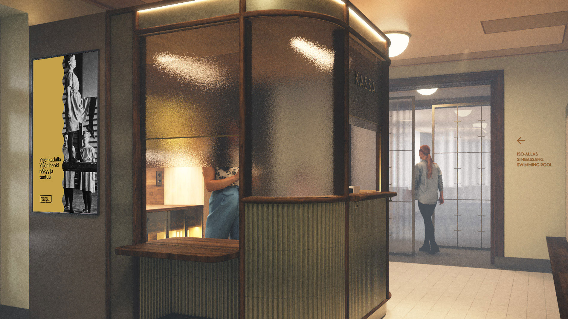 Rune & Berg Designin tuottama 3D-visualisointi aulan tilamuutoksesta.